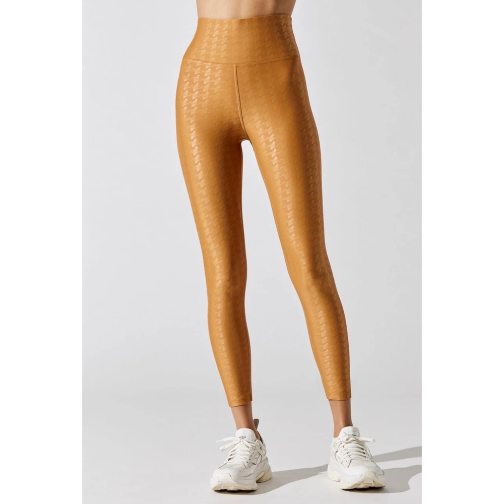 Carbon38 High Rise Leggings Mustard Yellow Houndstooth Liquid Gloss XS Gym